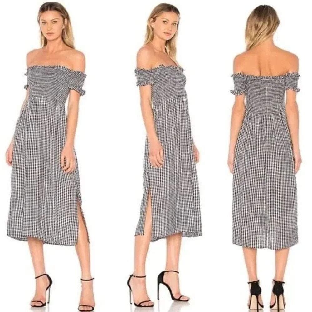 Bardot Cindy Gingham Black & White Off Shoulder Smocked MIDI dress